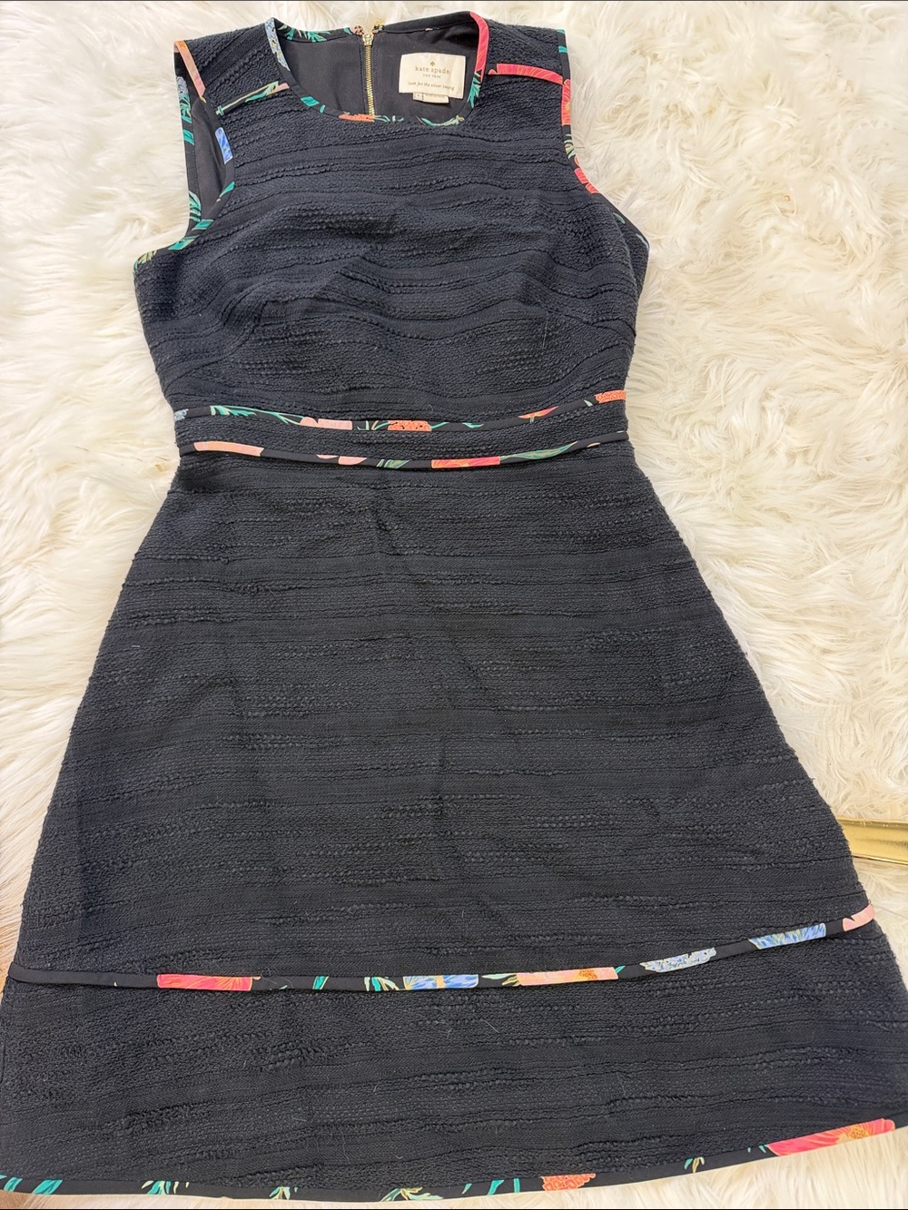kate spade Black Textured Sleeveless Dress with Multicolor Floral Trim